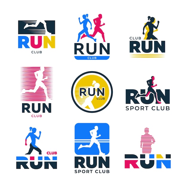 Jeu de logo plat rétro différent. Silhouettes colorées de coureurs et d'athlètes jogging collection d'illustration vectorielle marathon. Club de sport, mode de vie actif et exercice