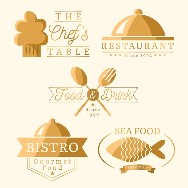 Vecteur gratuit jeu de logo de restaurant rétro doré