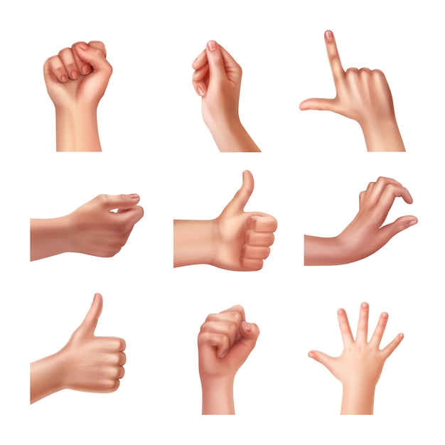 Jeu de mains dans différents gestes, émotions et signes