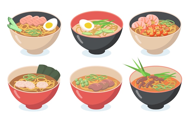 Vecteur gratuit jeu de nouilles asiatiques. bols avec soupe, udon, œufs, légumes verts, haricots, fruits de mer, champignons.