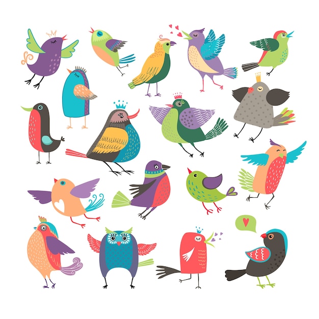 Vecteur gratuit jeu d'oiseaux de dessin animé mignon vector