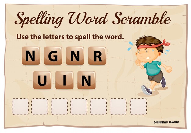 Jeu d'orthographe de mots brouillés avec mot en cours d'exécution