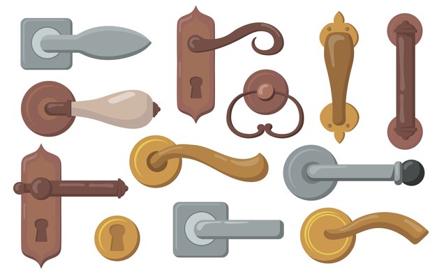 Jeu de poignées de porte. Boutons traditionnels avec trous de serrure, boutons de porte en métal modernes. Illustration vectorielle pour intérieur, mobilier, accessoire, concept d'entrée