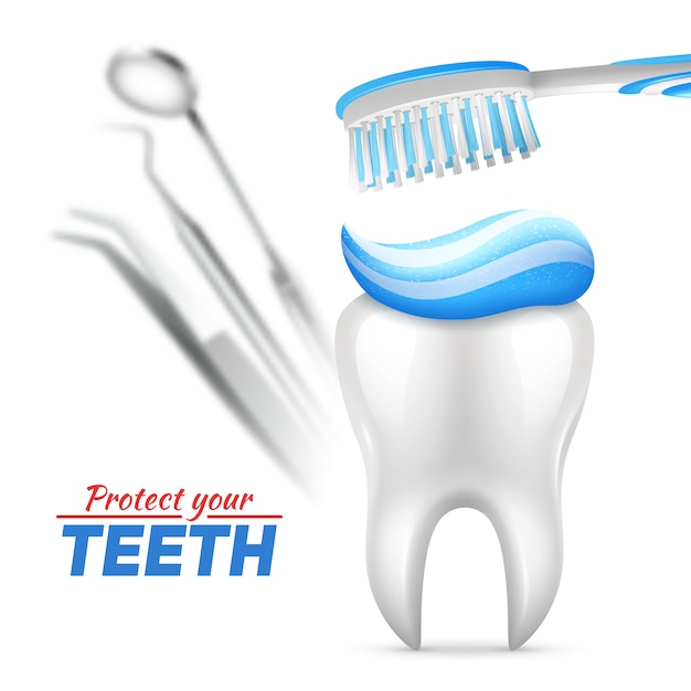 Vecteur gratuit jeu de protection des dents avec brosse à dents et instruments dentaires