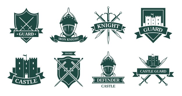 Jeu de signe plat monochrome ancien chevalier ou combattant. Emblème médiéval et bouclier avec armure de guerrier, casque, épées ou collection d'illustration vectorielle de château. Mascotte, militaire et armée ancienne