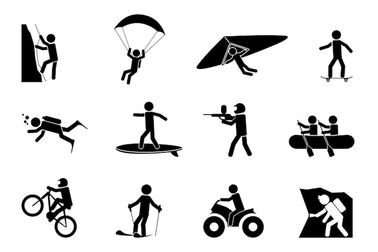 Vecteur gratuit jeu de silhouettes de sports extrêmes ou d'aventure