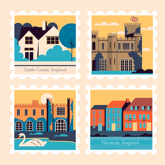 Vecteur gratuit jeu de timbres britanniques rétro dessinés à la main