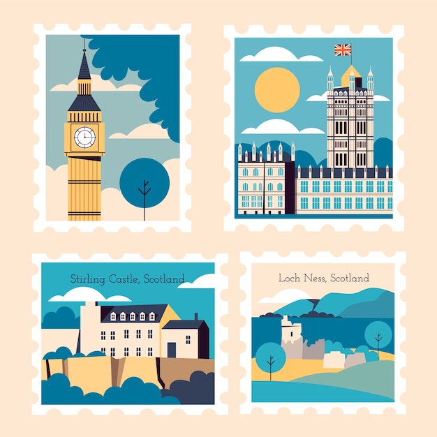 Vecteur gratuit jeu de timbres britanniques rétro dessinés à la main