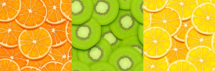 Vecteur gratuit jeu de tranches de fruits textures sans couture pour le jeu orange kiwi et morceaux de citron coupés motifs répétés arrière-plans 3d avec des fruits juteux sains graphiques ui ou gui couches vue rapprochée illustration vectorielle
