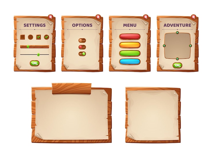 Vecteur gratuit le jeu ui fait défiler des planches de bois et des parchemins antiques interface de menu de dessin animé planches de bois texturées gui ...