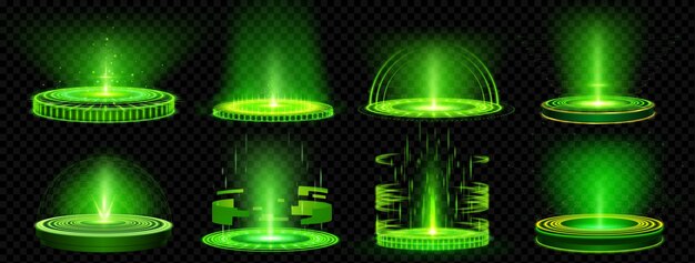 Jeu vert hologramme cercle lumineux podium téléport 3d technologie magique néon lueur hud plate-forme élément vecteur conception ensemble scène d'énergie fantastique avec onde sonore ligne plexus poussière d'étoile et arc scintillant