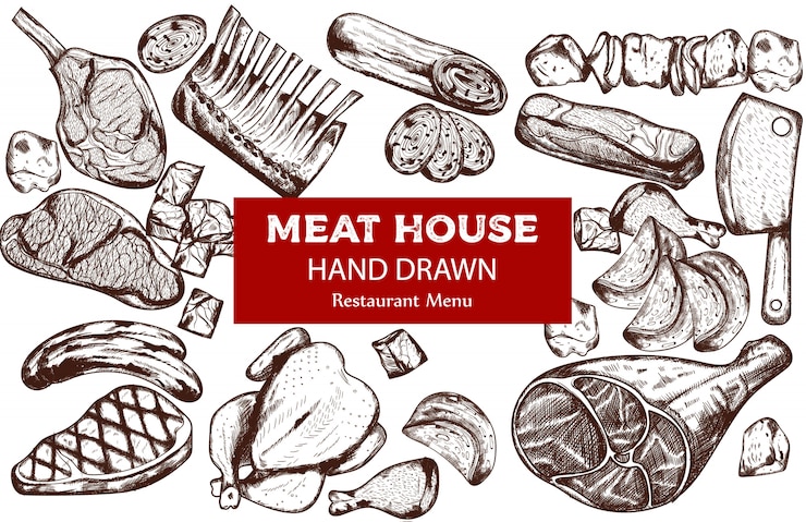 Vecteur gratuit jeu de viande au trait avec saucisse, steak, côtes de porc et couteau de boucher