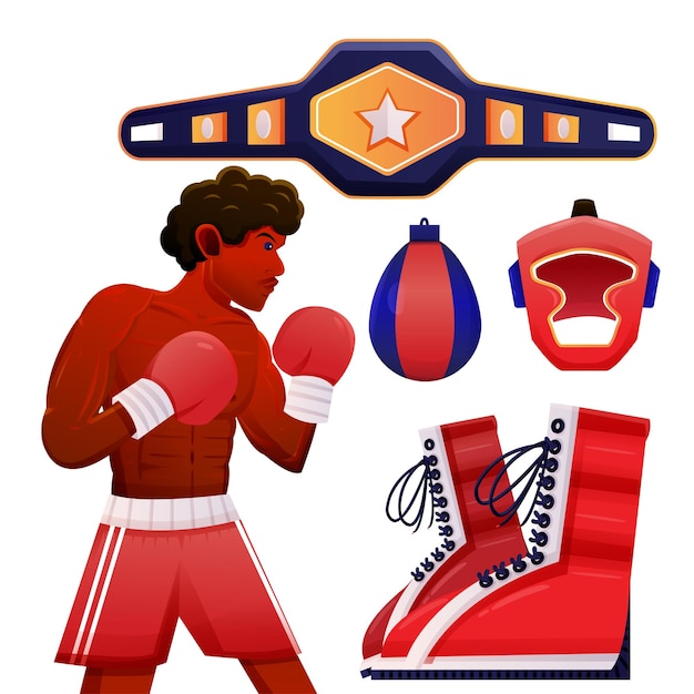 Vecteur gratuit jeune boxeur et style de dessin animé d'équipement de boxe sur fond blanc