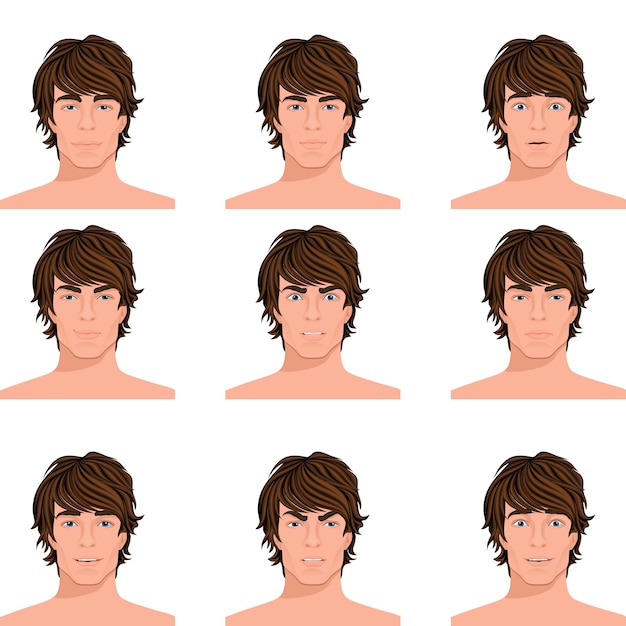 Vecteur gratuit jeune cheveux noirs homme émotions gamme de colère perplexe surpris alerte et heureux portraits de tête collection illustration vectorielle isolée