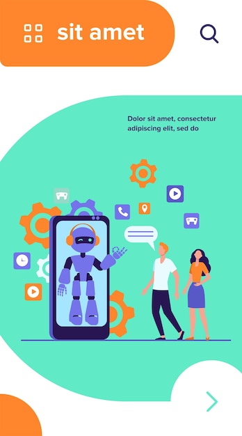 Vecteur gratuit jeune couple discutant avec l'assistant robotique sur l'écran du smartphone. chatbot aidant les clients à résoudre leurs problèmes