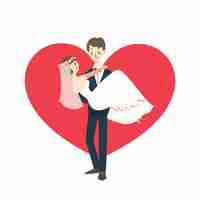 Vecteur gratuit jeune couple de mariage marié portant mariée dessin animé illustration vectorielle