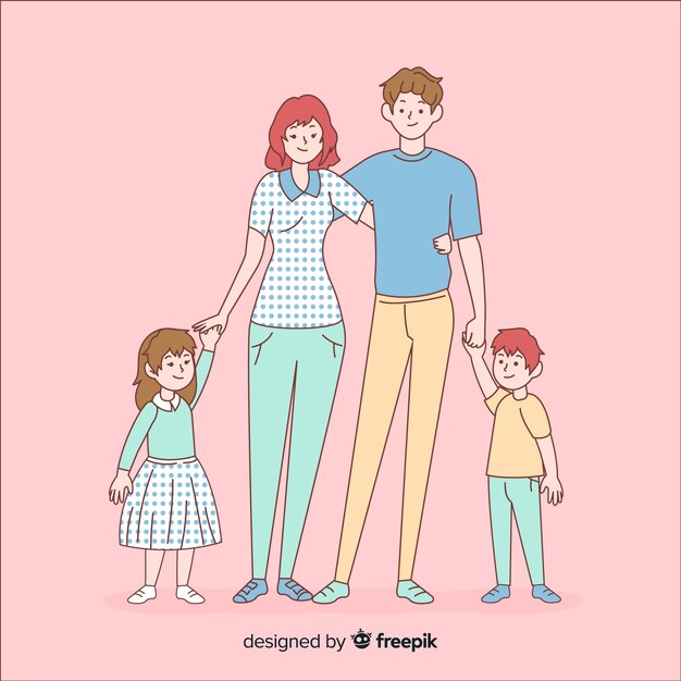 Jeune famille dans un style de dessin coréen