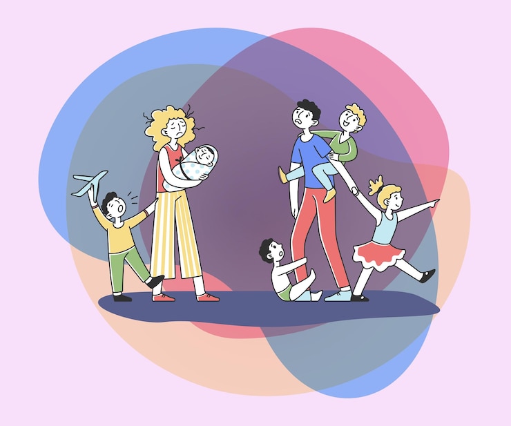 Vecteur gratuit une jeune famille fatiguée avec beaucoup d'enfants.