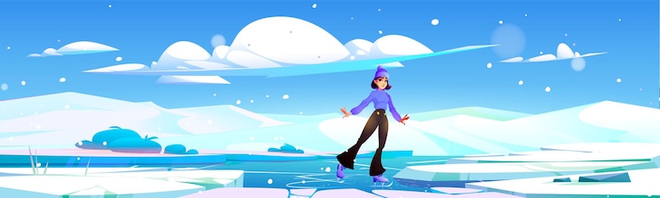 Vecteur gratuit jeune femme active patinant sur glace à l'extérieur