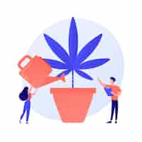 Vecteur gratuit jeune femme arrosage plante de chanvre, plante d'intérieur interdite. culture de marijuana, cannabis médical, horticulture illégale. fille de plus en plus de mauvaises herbes. illustration de métaphore de concept isolé de vecteur