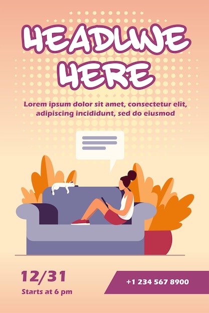 Vecteur gratuit jeune femme assise sur un canapé avec un chat et un modèle de flyer d'appareil mobile