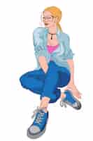 Vecteur gratuit jeune femme blonde avec une expression faciale sérieuse en chemise bleue, jeans, baskets, t-shirt rose et lunettes assis sur le sol