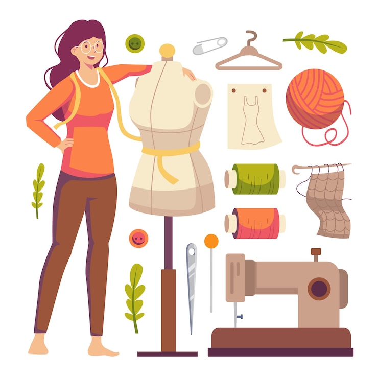 Vecteur gratuit jeune femme couturière ou couturière avec équipement professionnel de tailleur