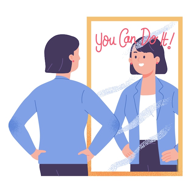 Vecteur gratuit jeune femme debout devant le miroir motiver et confiant que vous pouvez le faire illustration vectorielle