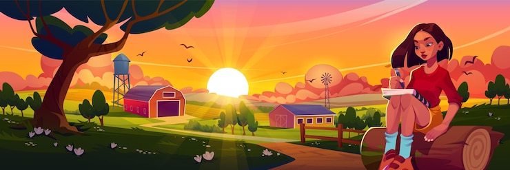 Vecteur gratuit jeune femme, dessin, campagne, coucher soleil