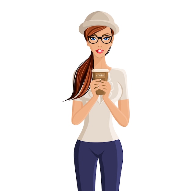 Jeune femme hipster fille tenant portrait de tasse de café isolé sur fond blanc illustration vectorielle