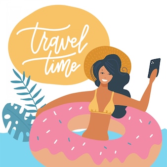 Jeune Femme En Maillot De Bain Reposant Sur Un Anneau De Beignet Gonflable En Caoutchouc Dans La Mer Ou Illustration Plate De Piscine La Jeune Fille En Vacances D Ete Faisant Selfie Citation