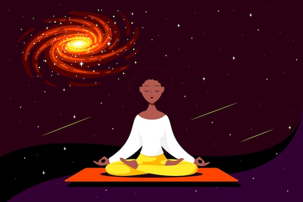 Jeune Femme Noire Assise Dans Lotus Pose Avec L'espace Autour. Pratique