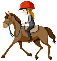 Vecteur gratuit jeune femme portant un casque ou un cavalier chevauchant un dessin animé de cheval isolé