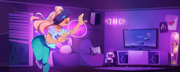 Vecteur gratuit jeune fille joueur dans le salon jouer vr vecteur fond de dessin animé jeu vidéo sur console avec la technologie de réalité virtuelle maison violette avec fauteuil tv led lumière et jeu de configuration pour adolescente