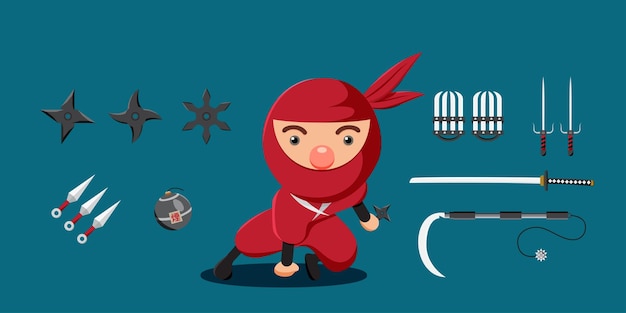 Vecteur gratuit jeune homme en costume de combattant divers avec arme en style cartoon pour illustration vectorielle graphiste ninja