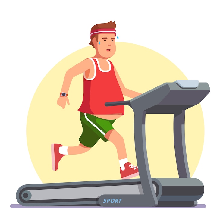 Vecteur gratuit jeune homme obèse courir sur un tapis roulant