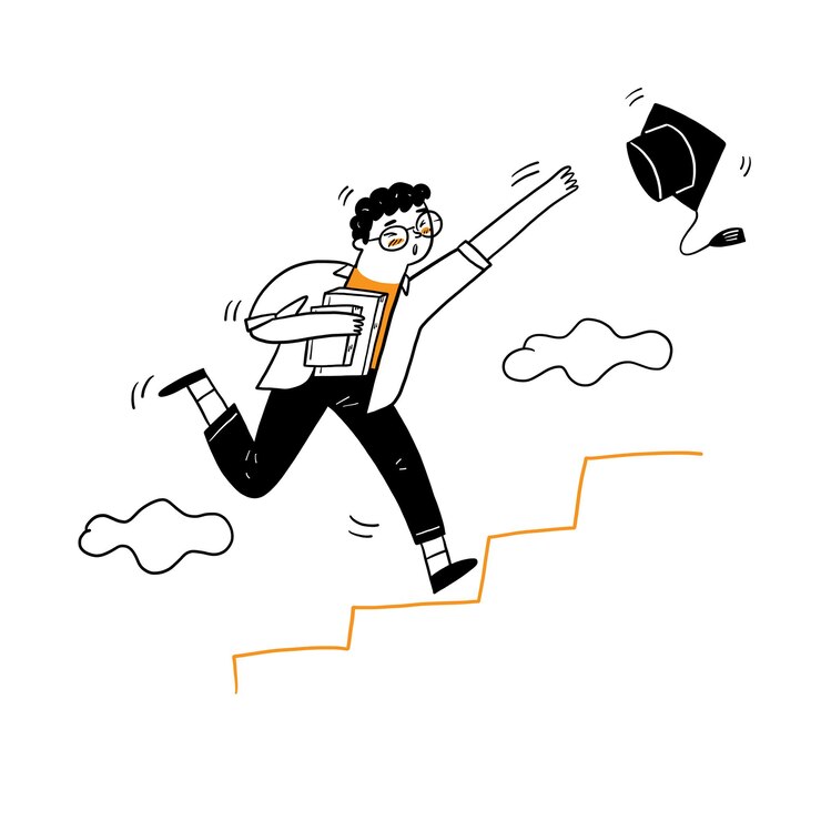 Le jeune homme qui court jusqu'à l'escalier pour saisir le bonnet de graduation, style de dessin animé Vector Illustration