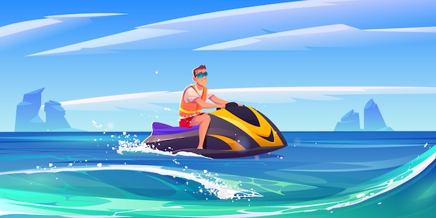 Vecteur gratuit jeune homme ride aquabike, jet ski en mer