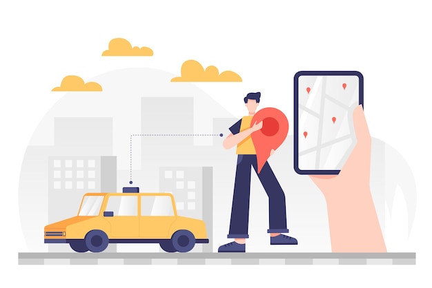 Le jeune homme voulait voyager pour faire des courses, il a donc utilisé une application sur son téléphone portable pour appeler un taxi. Appelez un service de taxi en ligne, application mobile. Design plat d'illustration de dessin animé de vecteur