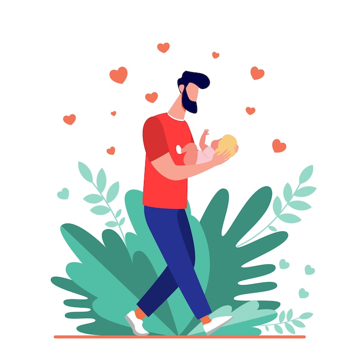 Vecteur gratuit jeune papa marchant et portant bébé. nouveau père admirant illustration vectorielle plane enfant. amour, paternité, garde d'enfants