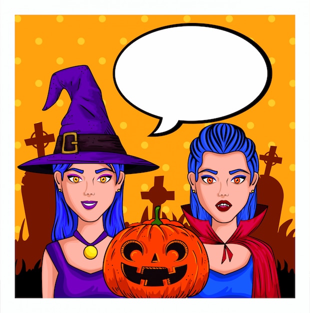 Vecteur gratuit jeunes femmes avec costume d'halloween et bulle de dialogue vide dans un style pop-art