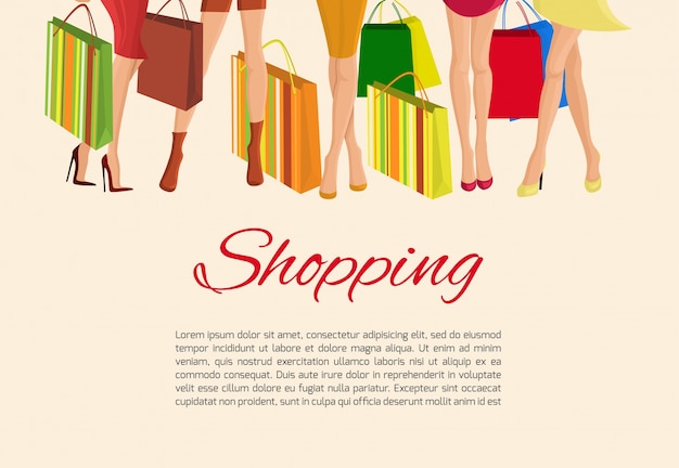 Vecteur gratuit jeunes filles sexy slim jambes et avec des sacs de mode shopping poster illustration vectorielle