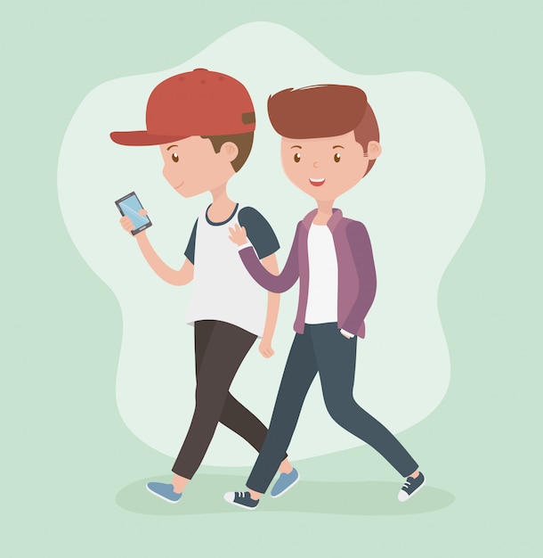 Vecteur gratuit jeunes garçons marchant avec un smartphone