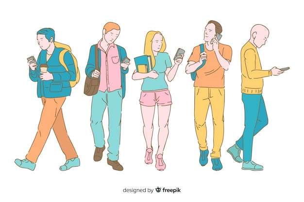 Jeunes Tenant Des Smartphones Dans Un Style De Dessin Coréen