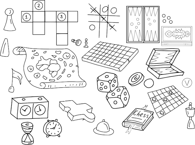 Jeux de société jetons cubes cartes dominos doodle croquis illustration graphique dessinée à la main