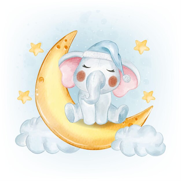 Joli bébé éléphant sur l'aquarelle du croissant de lune