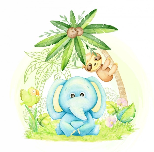 Joli Bebe Elephant Couleur Bleue Assis Sous Un Palmier A Cote D Un Paresseux Et D Un Perroquet Concept Aquarelle Avec Des Animaux Tropicaux Dans Un Style Cartoon Vecteur Premium Joli Bebe Elephant Couleur Bleue Assis Sous Un Palmier A Cote D Un Paresseux Et D Un Perroquet Concept Aquarelle Avec Des Animaux Tropicaux Dans Un Style Cartoon Vecteur Premium