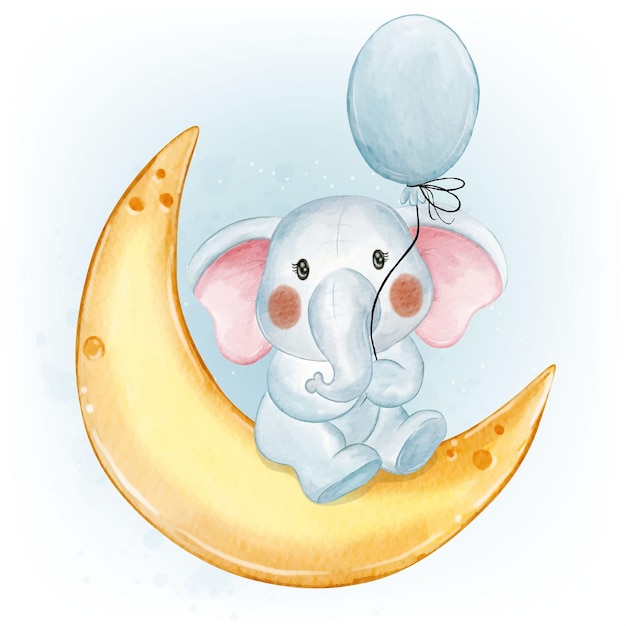 Vecteur gratuit joli bébé éléphant tenant ballon croissant lune aquarelle