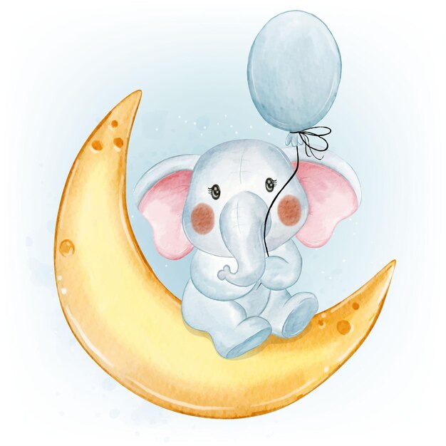 Joli Bébé Éléphant Tenant Ballon Croissant Lune Aquarelle