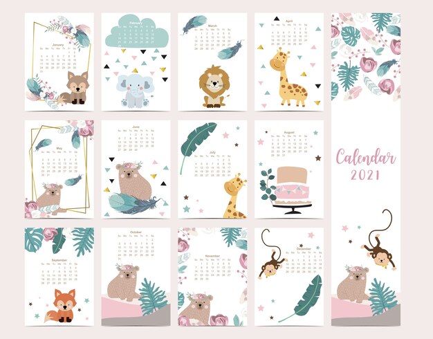 Joli Calendrier Des Bois 21 Avec Des Bebes Animaux Vecteur Premium